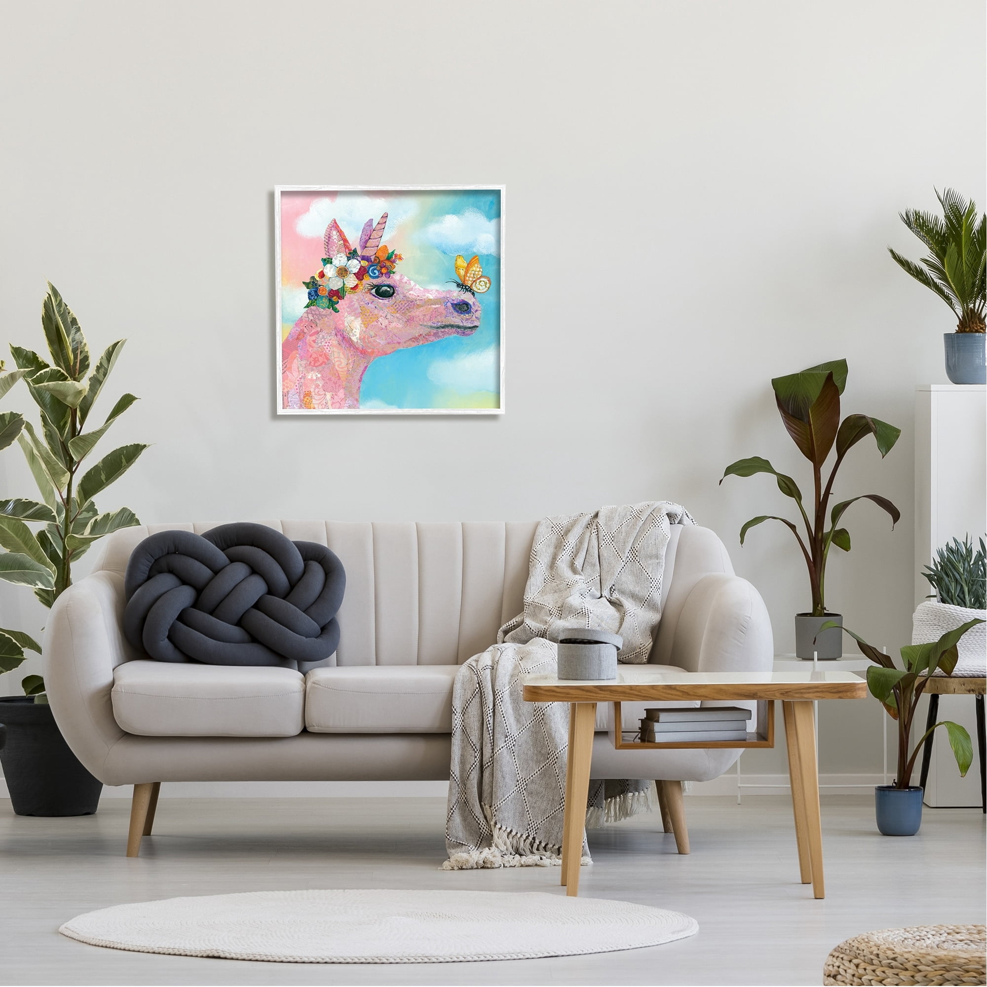 Stupell Industries Butterfly Kisses Pink Fantasy Unicorn Flower Blossoms Painting White Framed Art Print Wall Art, Design by Lisa Morales