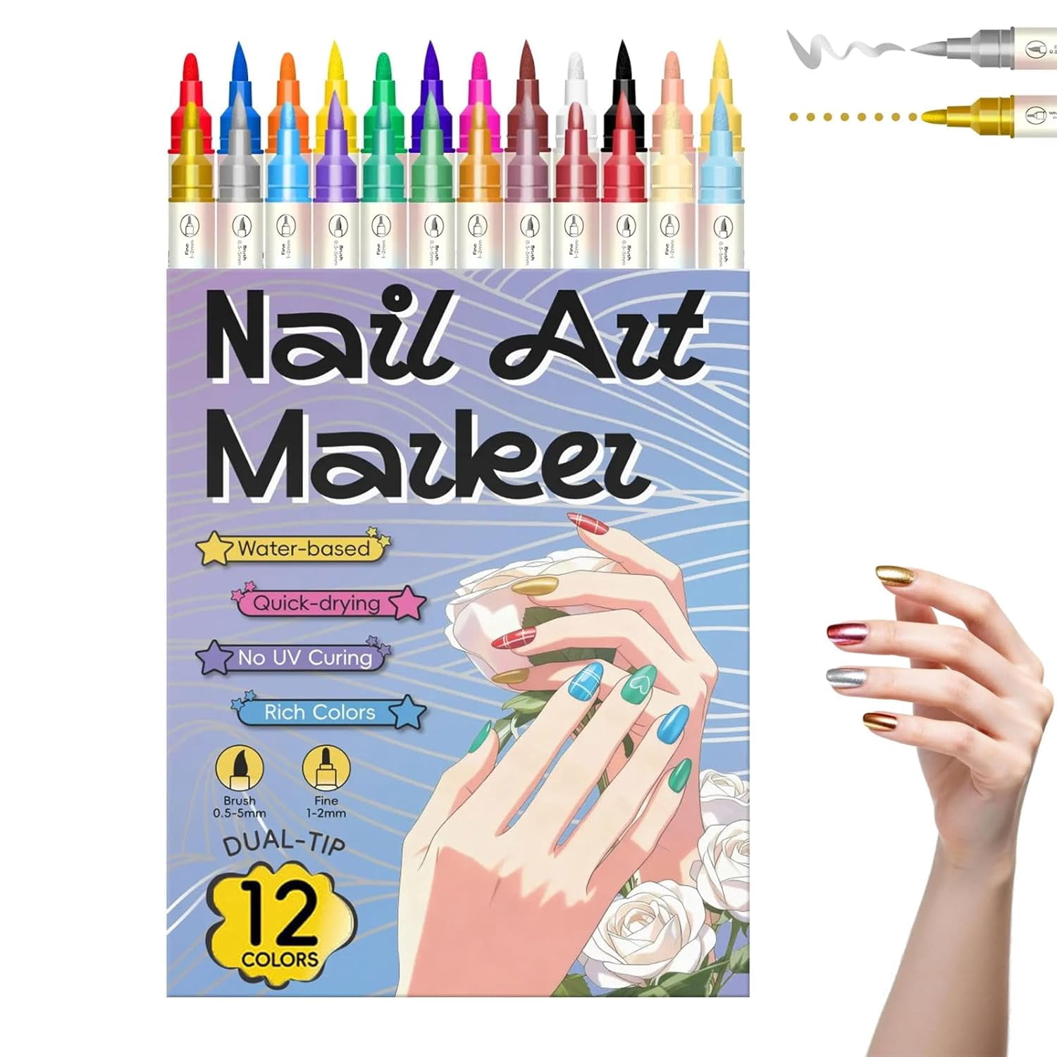 12/24 Color Nail Doodle Pen, 0.5 MM Nail Polish Pens Set, Dual-Tip Nails Art Markers, Waterproof and Quick-dryingNail for DIY Nails Art Design Manicure Tools (24 Color)