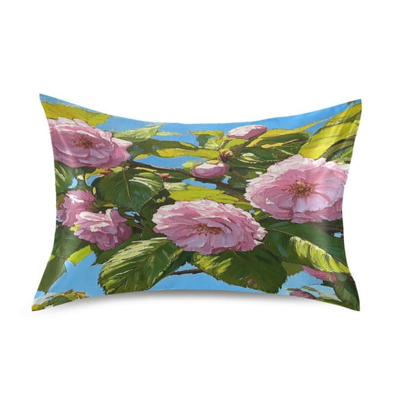 Satin Pillow Case Standard Silk Pillow Cover for Hair and Skin Envelope Closure Cherry Blossoms on Branches 20"x26"