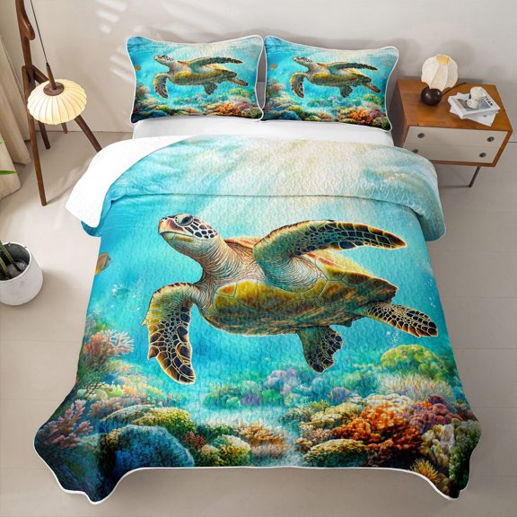 Manfei Sea Turtle Twin Quilt Set for Boys and Girls, Marine Life Print Twin Coverlet Set, 2pcs