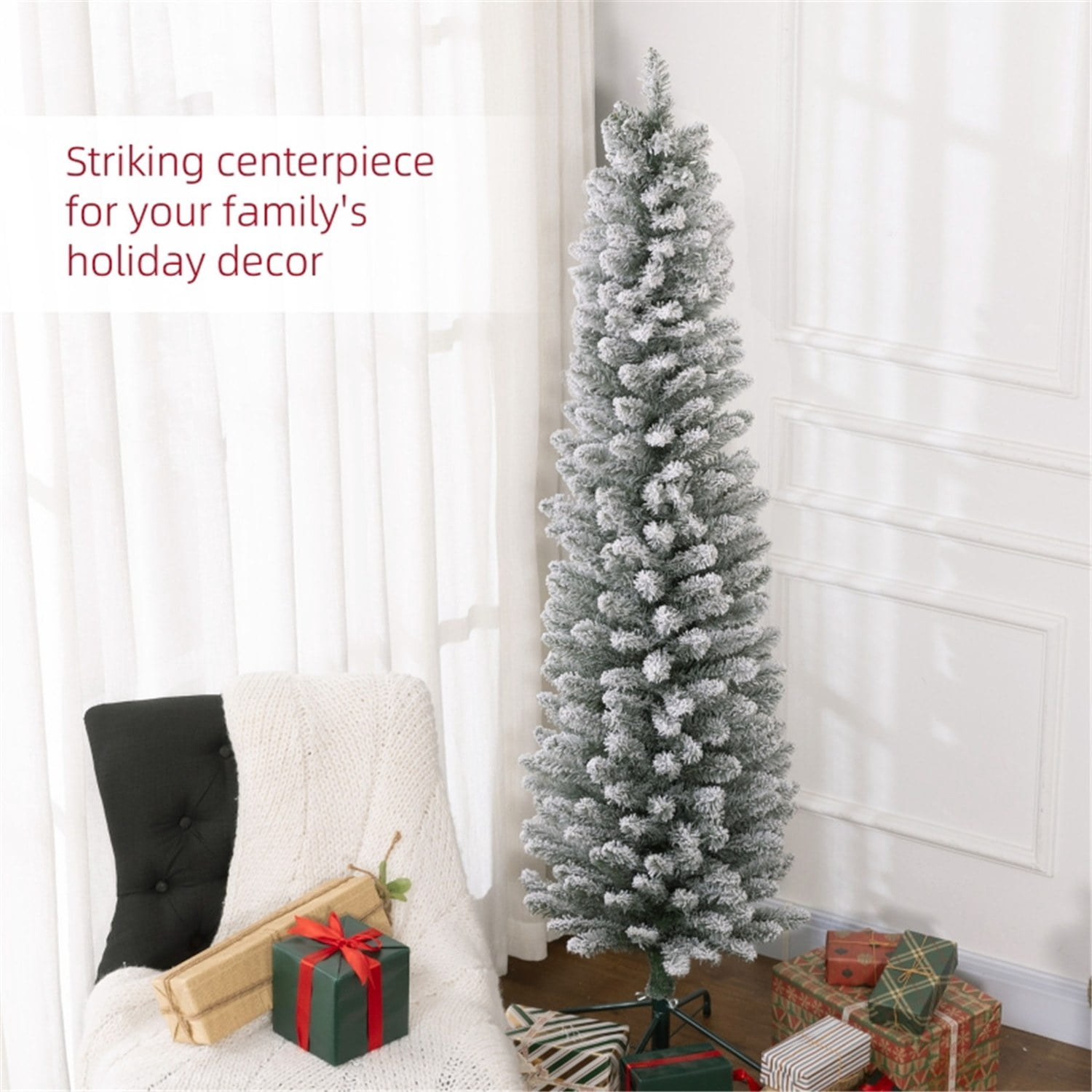 Astoutdoor 6 ft Snow-Flocked Pencil Christmas Tree, Green, 329 Tips, Indoor Use