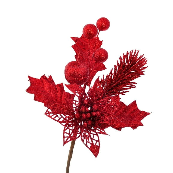 LKWLPD Artificial Flower Glitters Christmas Picks Sprays, Artificial Poinsettia Flower with Holly Leaves and Berries for Wedding Holiday Christmas Tree Wreath Garland Decorations