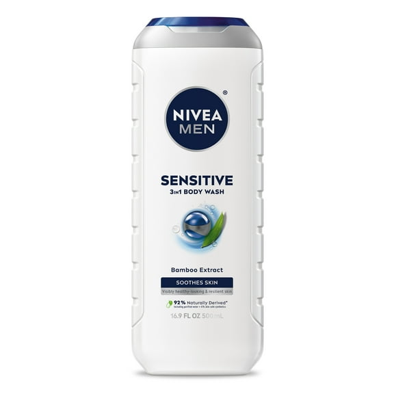 NIVEA MEN Sensitive Skin 3-in-1 Body Wash for Men, Bamboo Extract, Lightly Scented, 30 fl oz