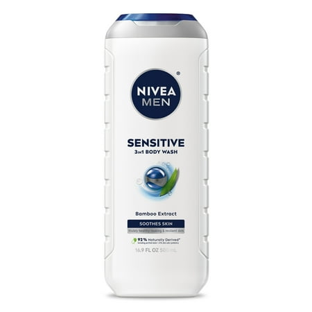 NIVEA MEN Sensitive Skin 3-in-1 Body Wash for Men, Bamboo Extract, Lightly Scented, 30 fl oz