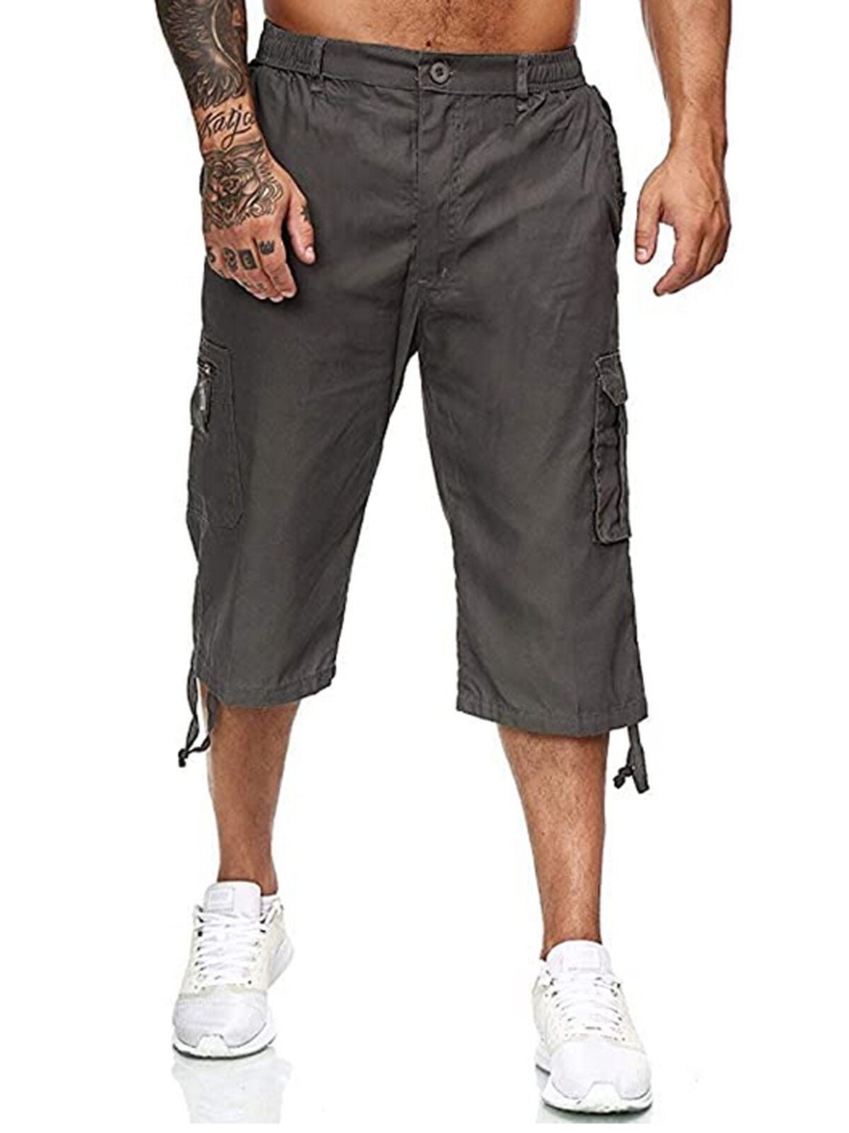 Mens 3/4 Long Length Shorts Elasticated Waist Cargo Combat Three ...