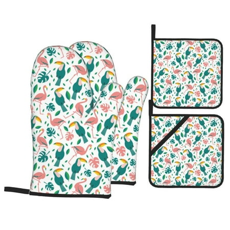 

Oven Mitts and Pot Holders Sets 4 pcs - parrot flamingo Heat Resistant Silicone Oven Gloves with Non-Slip Silicone Surface and hot pads for kitchen Baking Cooking BBQ