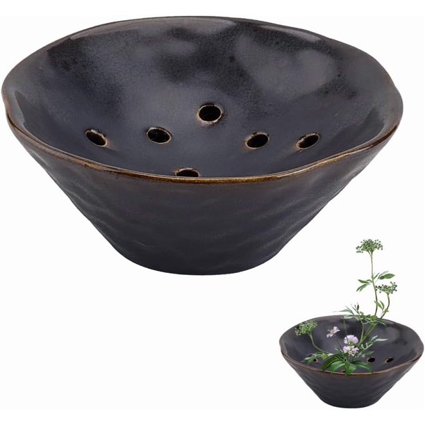 Jarrón de cerámica negro con forma de cuenco, soporte floral, maceta de cerámica redonda para Ikebana Kenzan, flor de rana para arreglos florales.
