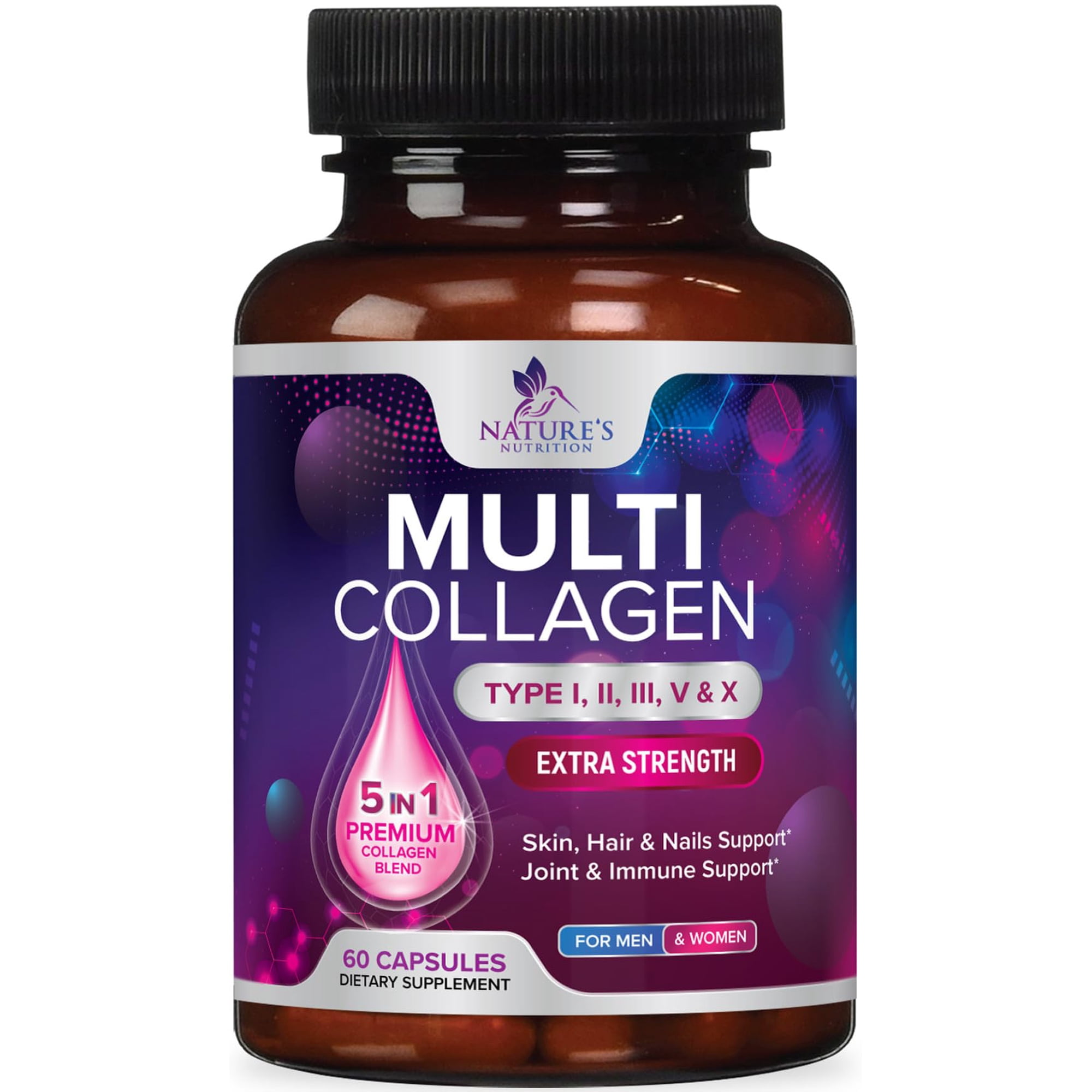 Multi Collagen Pills 2400mg - Best Hydrolyzed Collagen Peptides Capsules for Women & Men - Type I, II, III, V, X Collagen Complex - Hair, Skin, Nails Support Supplement - Bottled in USA - 60 Capsules
