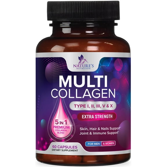 Multi Collagen Pills 2400 mg - Advanced Types I, II, III, V, X - Hydrolyzed Multi Collagen Peptides Pills, Collagen Supplements for Women & Men - Hair, Skin, & Nail Support Supplement - 60 Capsules