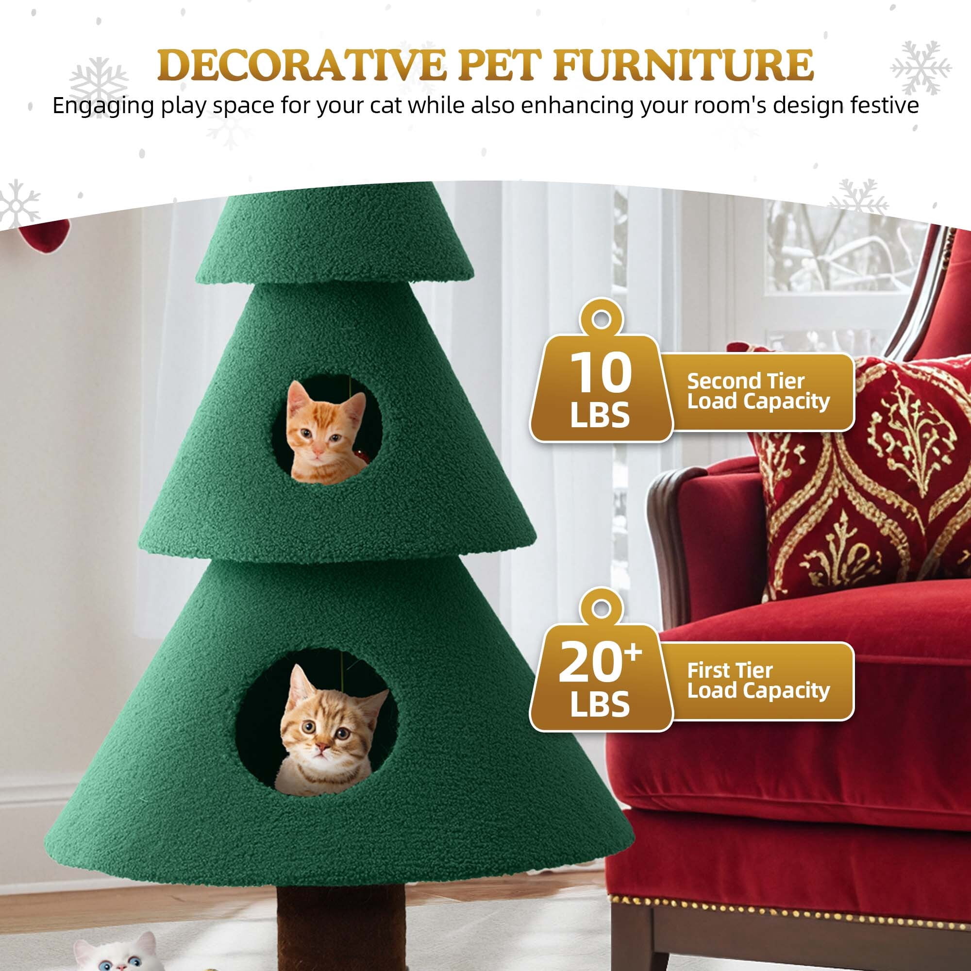 Uforic 60 Inch Christmas Themed Cat Tree, Multi-Level Festive Cat Tower with 2 Semi-Enclosed Cat Houses for Holiday Home Decor