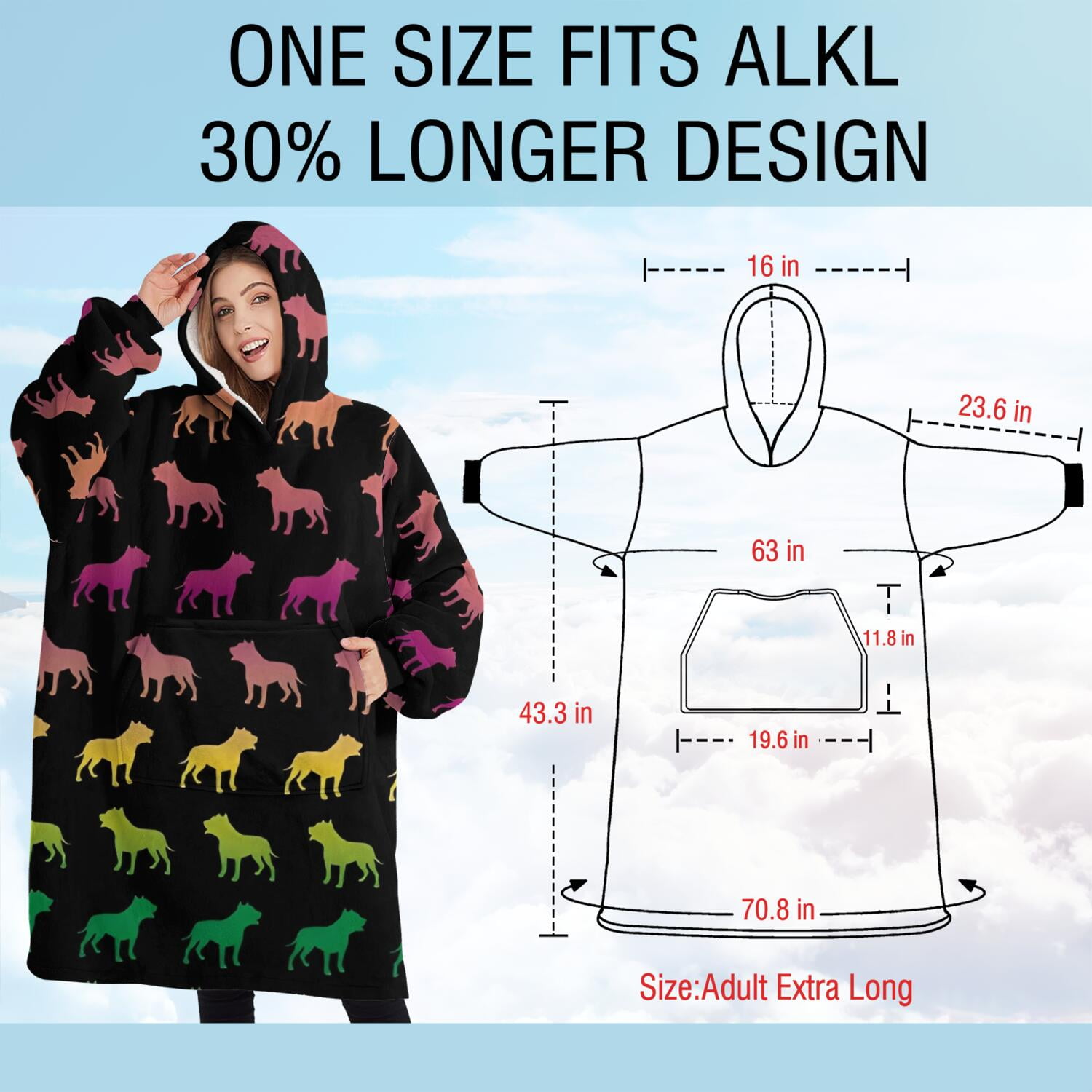 Oversized Wearable Blanket Hoodie,Rainbow Puppy Sherpa Blanket Hoodie with Super Pockets,Super Warm Fuzzy Pullover for Women & Men