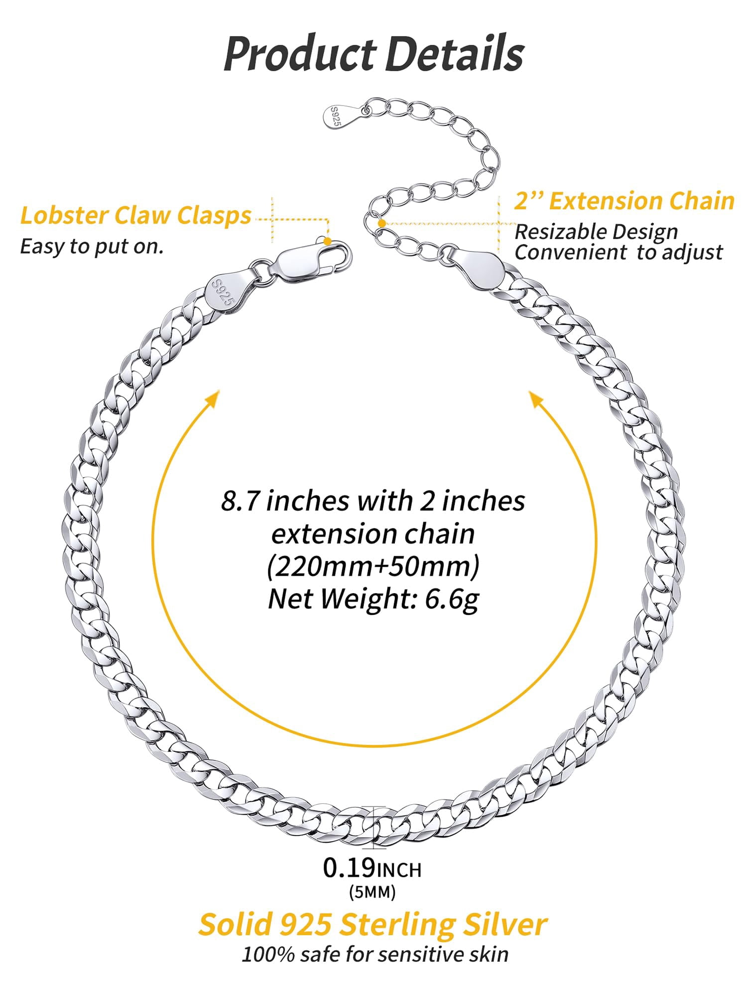 ChicSilver Sterling Silver Anklets for Women Trendy Cuban Link Chain 5mm Thick Foot Jewelry for Gifts
