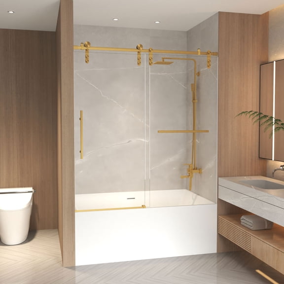 56-60"W x 66"H Frameless Sliding Tub Door, 5/16"(8mm) Tempered Glass, Brushed Gold