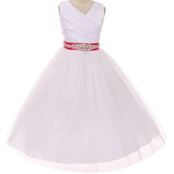 Big Girls' Custom Rhinestone Belt Communion Wedding Flowers Girls Dresses White Fuchsia 8 (MB27K6CB)