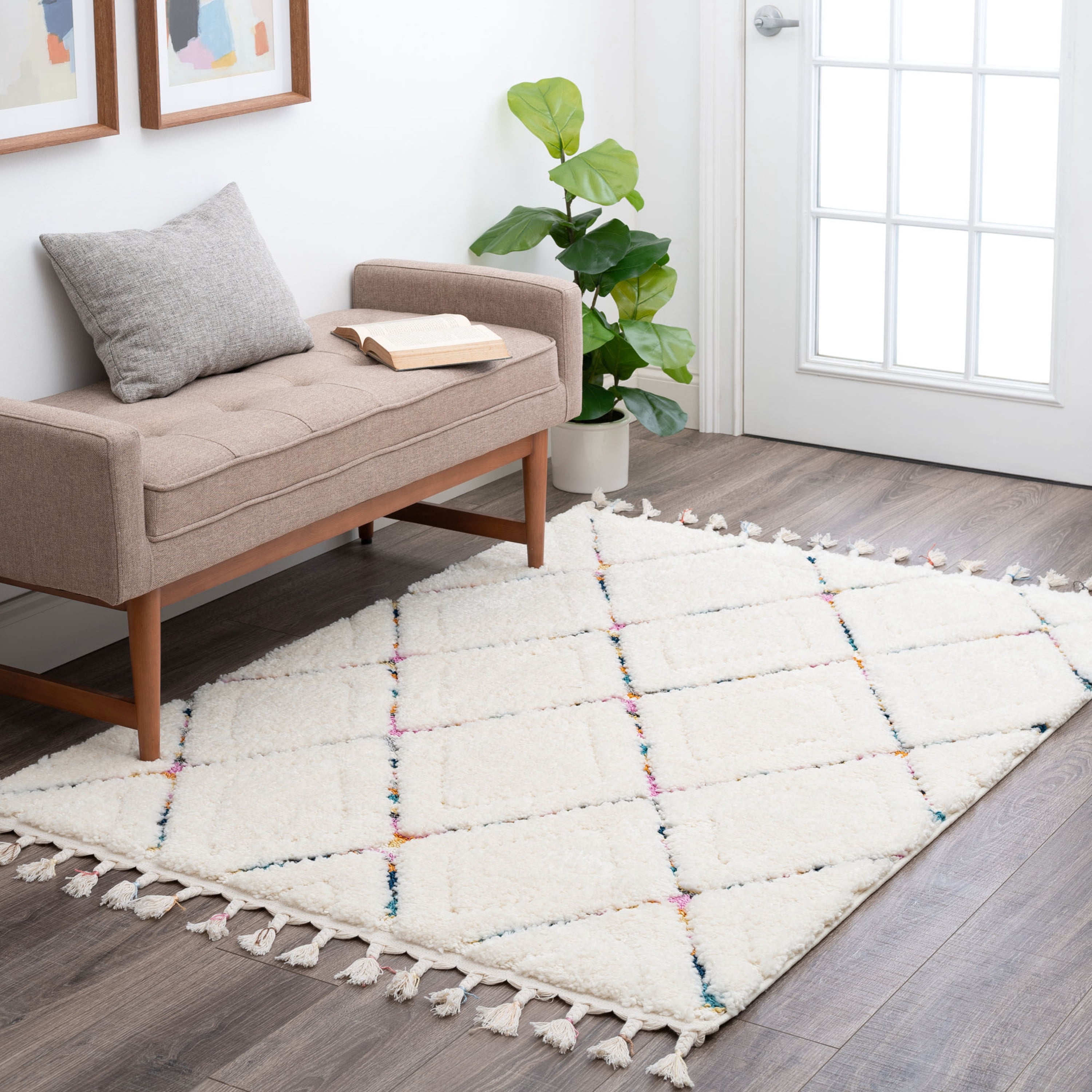 Contemporary 8x10 Area Rug Shag Thick (7'10'' x 9'10'') Geometric Cream, Multi-color Living Room Easy to Clean