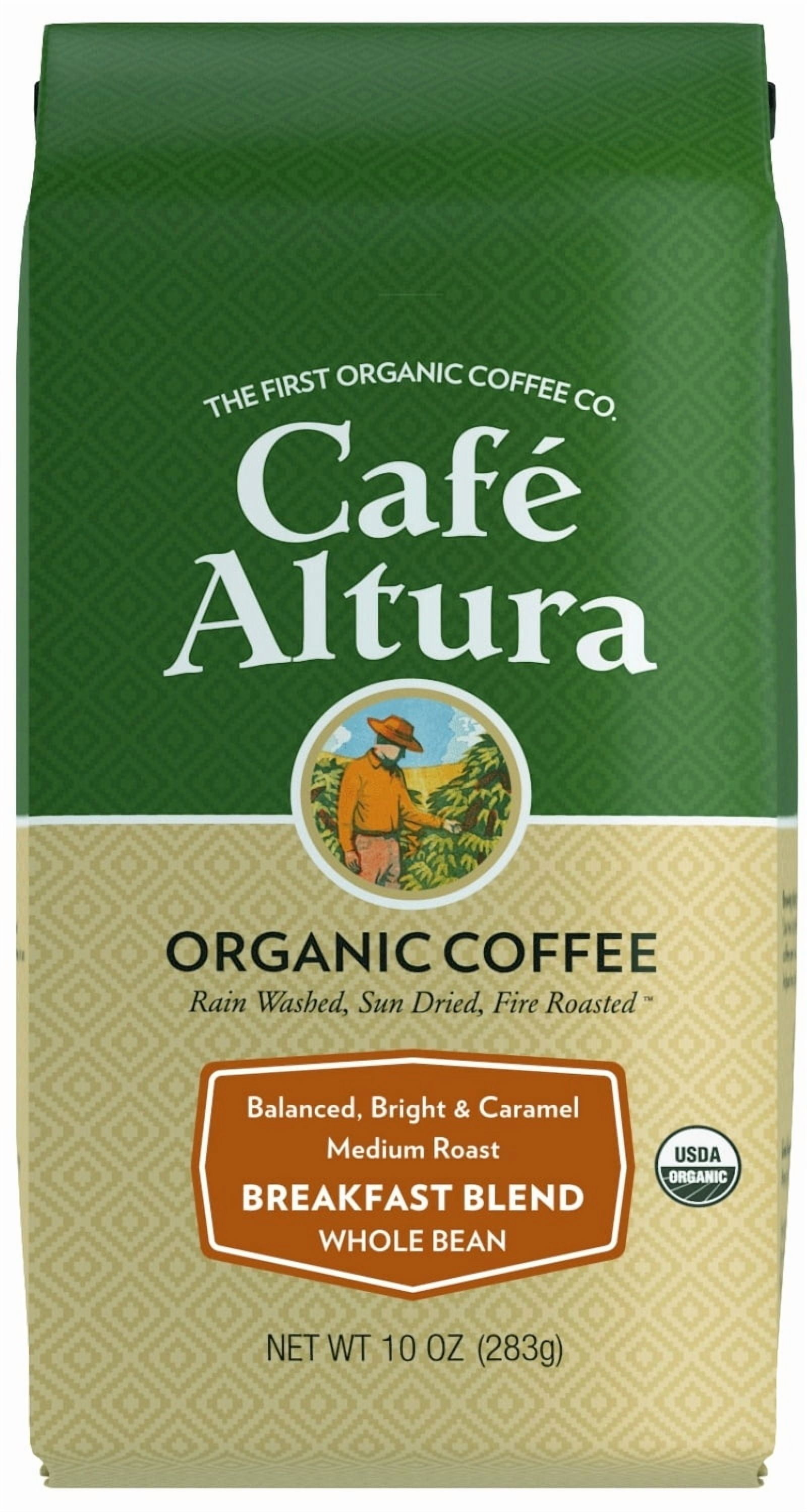 Café Altura, Breakfast Blend, Medium Roast, Organic, Whole Bean Coffee, 10 oz Bag (Pack of 3)
