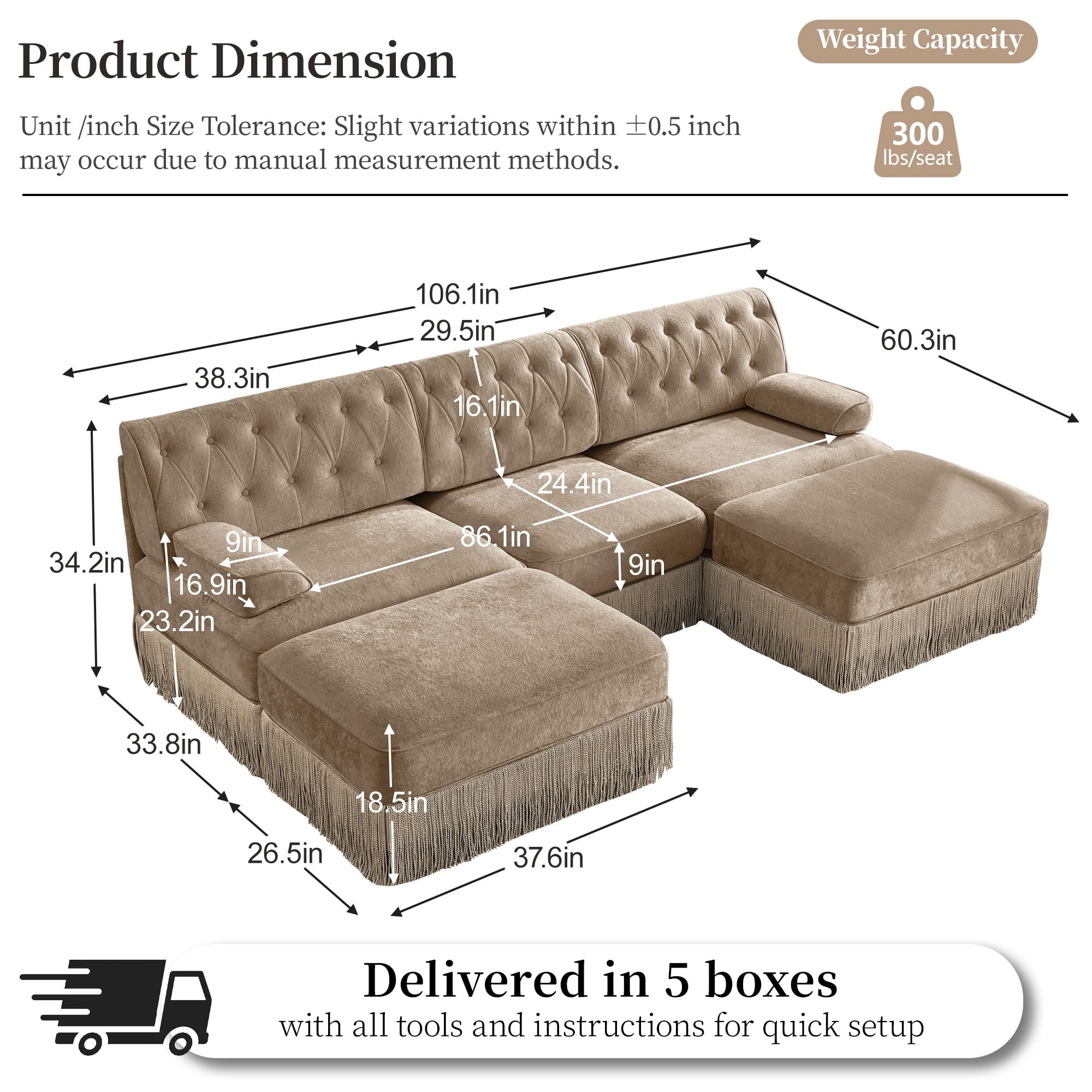 MAYEERTY U-Shape Chesterfield Modular Sofa, Tassel Sectional Couch with Double Ottomans for Living & Bedroom Home Decor