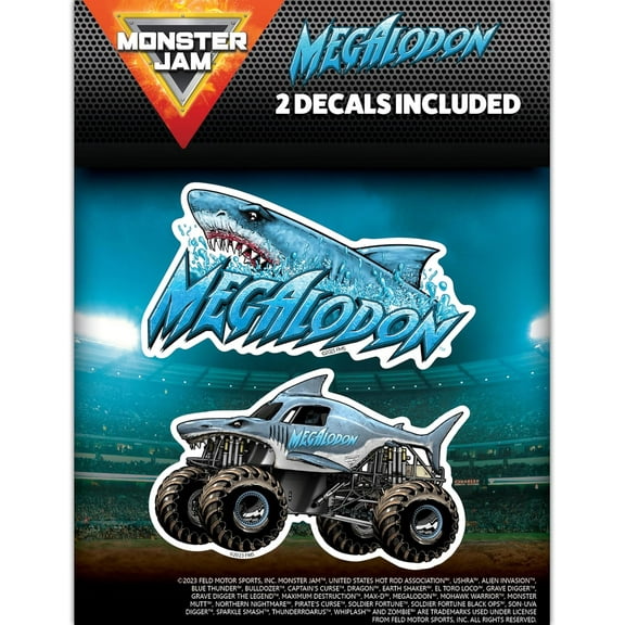 Monster Jam Megalodon Decals - Set of 2 Megalodon Monster Truck Logo Icon Vinyl Stickers for Car, Water Bottle, Laptop, Luggage, Toy Truck