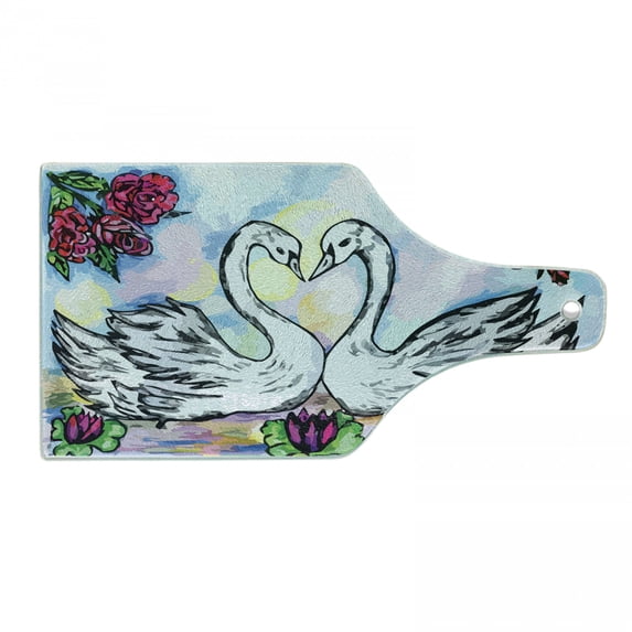 Swan Cutting Board, Grunge Style Sketch Image of Lover White Swan Partners in Pond Lily Flowers Red Roses, Tempered Glass Cutting and Serving Board, Wine Bottle Shape, Multicolor, by Ambesonne