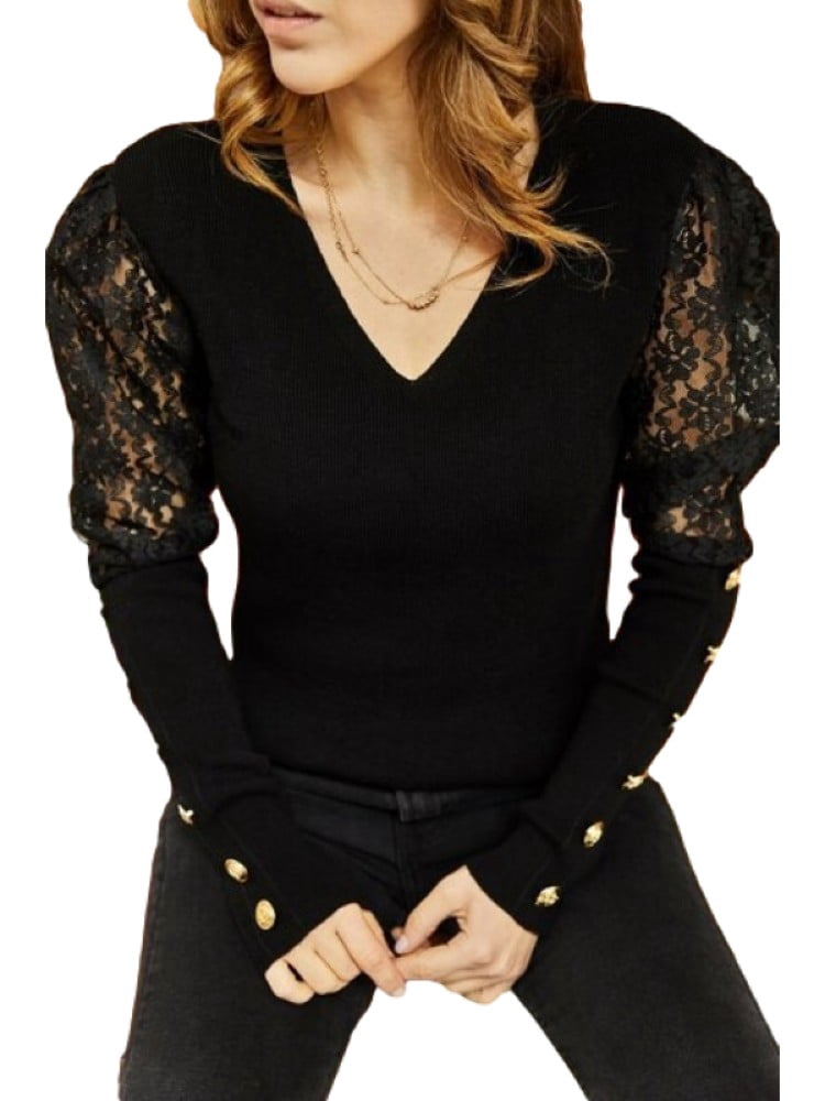 Women Deep V-neck Long Sleeve Lace Patchwork Slim Fit Casual Blouse Top ...