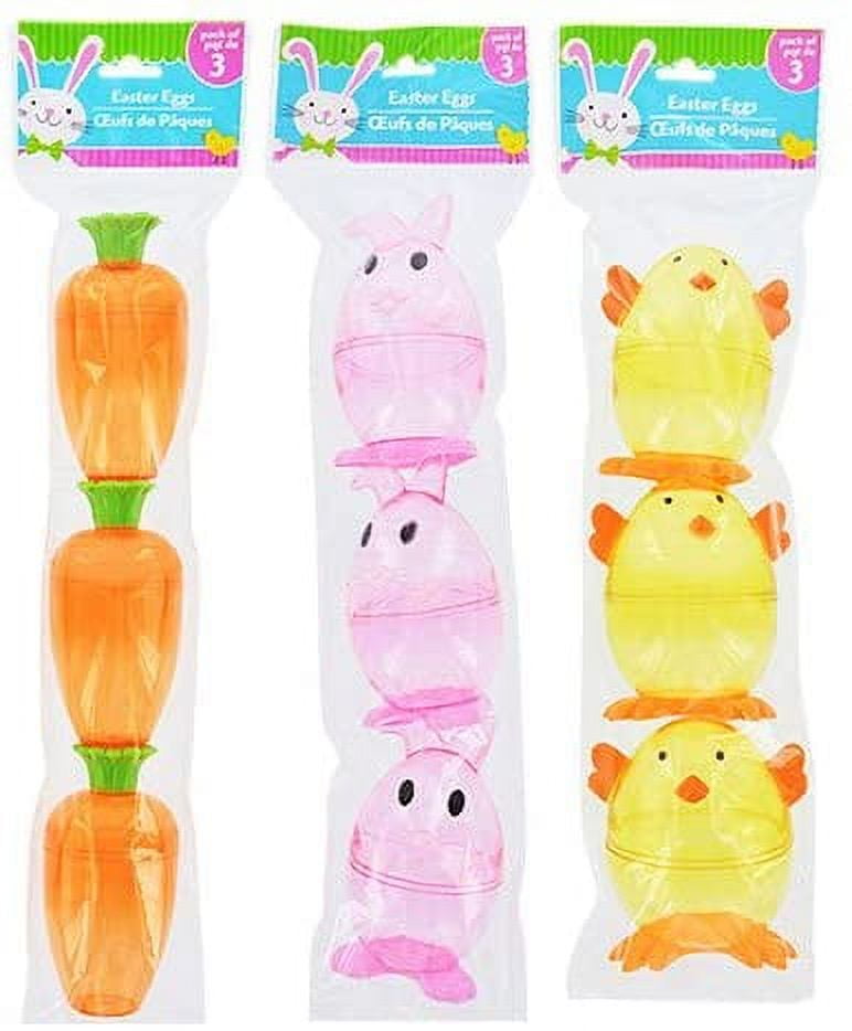 Happy Easter Basket Kids Toddlers Gift Children Pre Made Eggs Goodies Plastic Carrot Bunny Chick -Shaped Easter Containers, 3-ct./Pack Bundle of 3