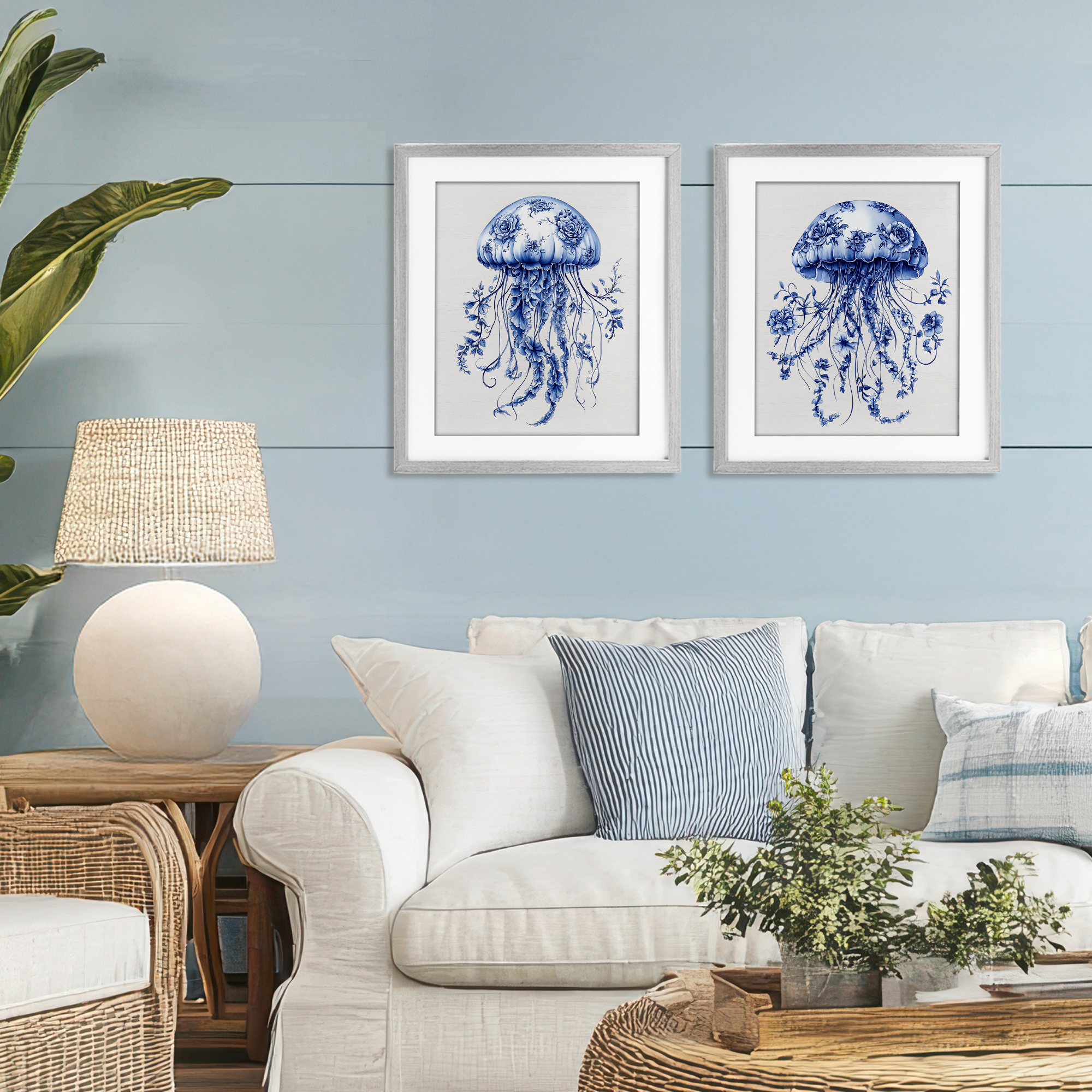 Funky Florals Toile Jellyfish 2 Piece Gray Framed Print Under Glass Set, design by Lettered and Lined