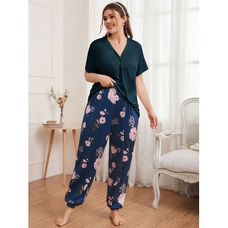 

Multicolor Casual Women s Plus Floral Print Pajama Set 2XL(16) Y22001D