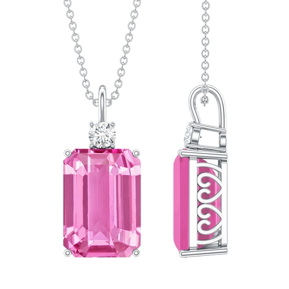 Rosec Jewels Lab Grown Pink Sapphire Diamond Statement Necklace with Chain - 9 Carat Emerald Cut Pink Sapphire - AAAA Quality, 925 Sterling Silver
