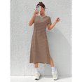 thumbnail image 5 of Coffee Brown Striped Knit Short Sleeve Midi Dress With Side Slit Casual Summer Style, 5 of 5