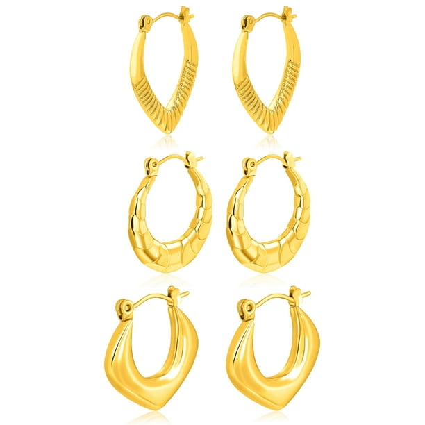JeenMata - Juego de Regalo de 3 Pares de Pendientes para Mujer en Baño de Oro Amarillo, Paquete Múltiple, Ligeros, Pendientes Tipo Aro con Forma de Huggies para Uso Diario en la Oficina
