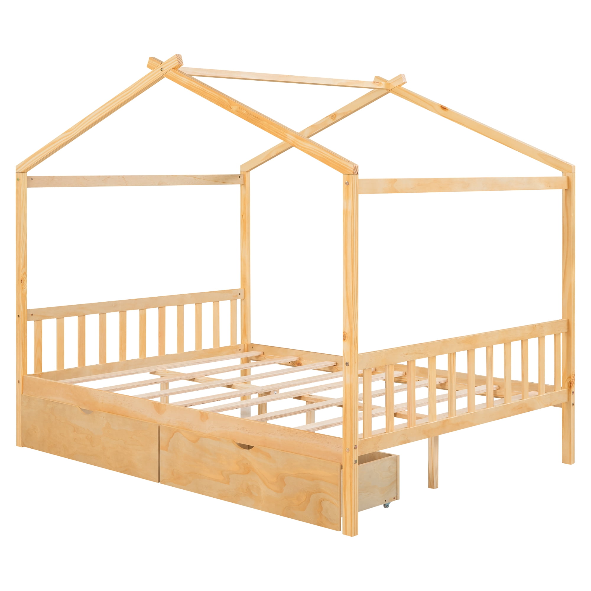 Aukfa Full House Bed with Storage Drawers, Wood Montessori Bed - Oak