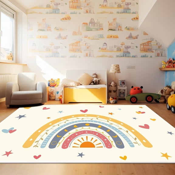 Rainbow Area Rug 3x5 for Living Room and Bedroom Girls, Washable Rug with Non-Slip Backing Soft Colorful Rainbow Floor Rug Area Rug Carpet for Room Girls Kids Nursery (Yellow, 3 X 5ft)