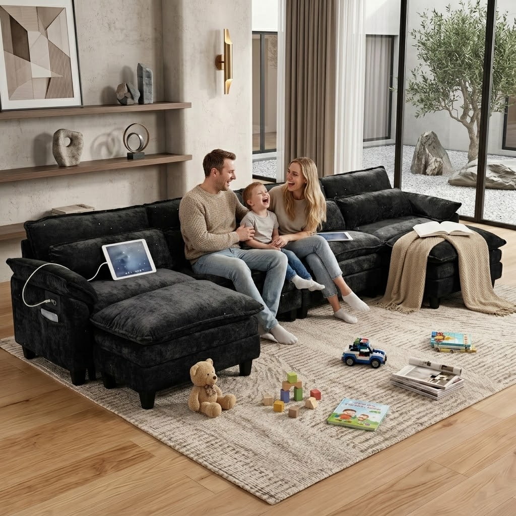 Howcool Cloud Couch Modular Sectional Sofa 4 Seat 148" U Shaped Convertible Couch Chenille Thick Cushion with Ottoman, Removable & Washable Cover for Living Room, Black