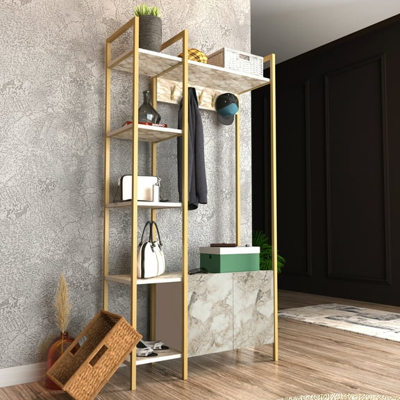 Doga 69" Modern Metal Engineered Wood Hall Tree, Coat Rack, Marble & Gold