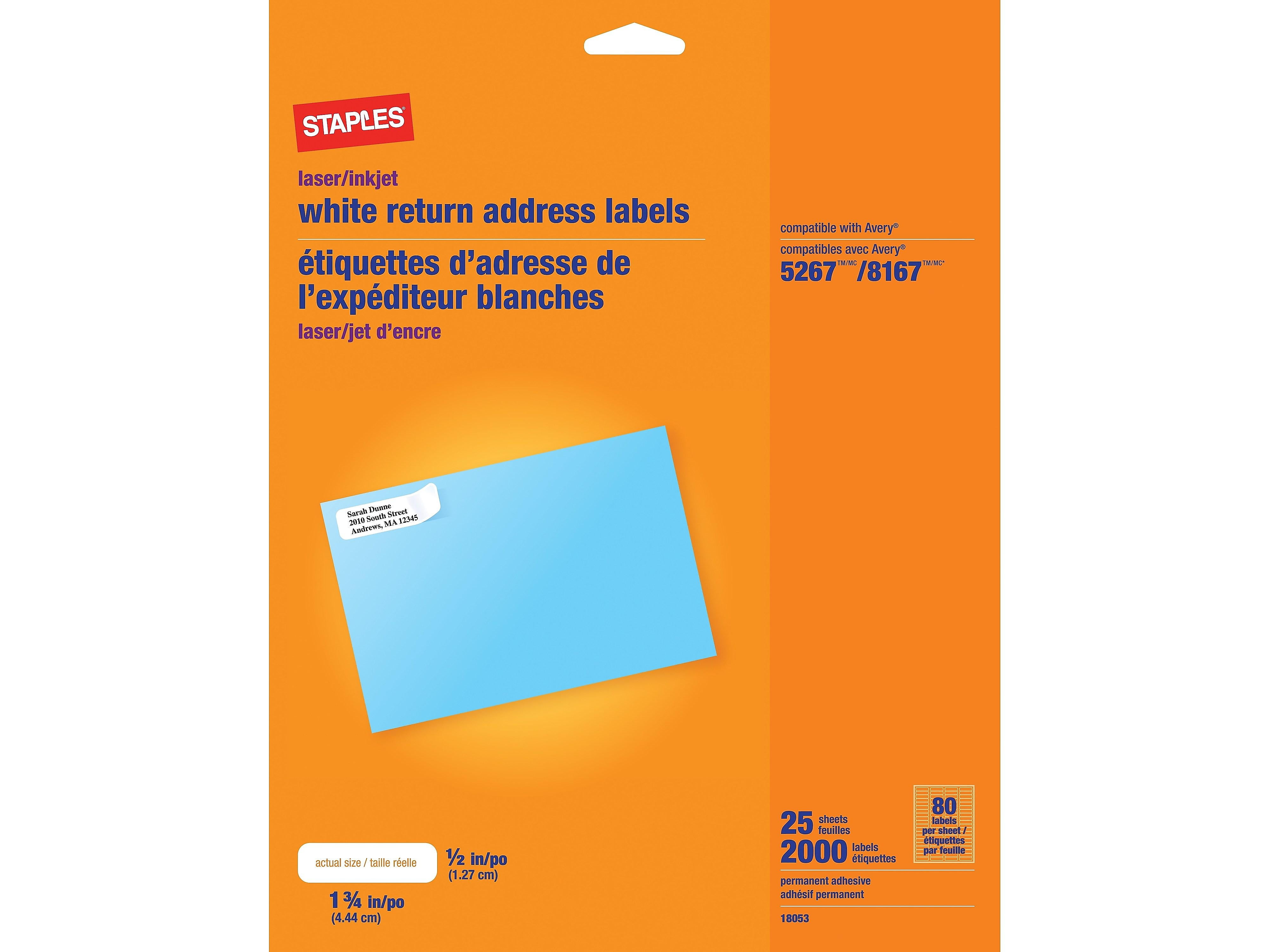 Staples Laser Inkjet Address Labels 1 2 X 1 3 4 White 80 Labels Sheet 