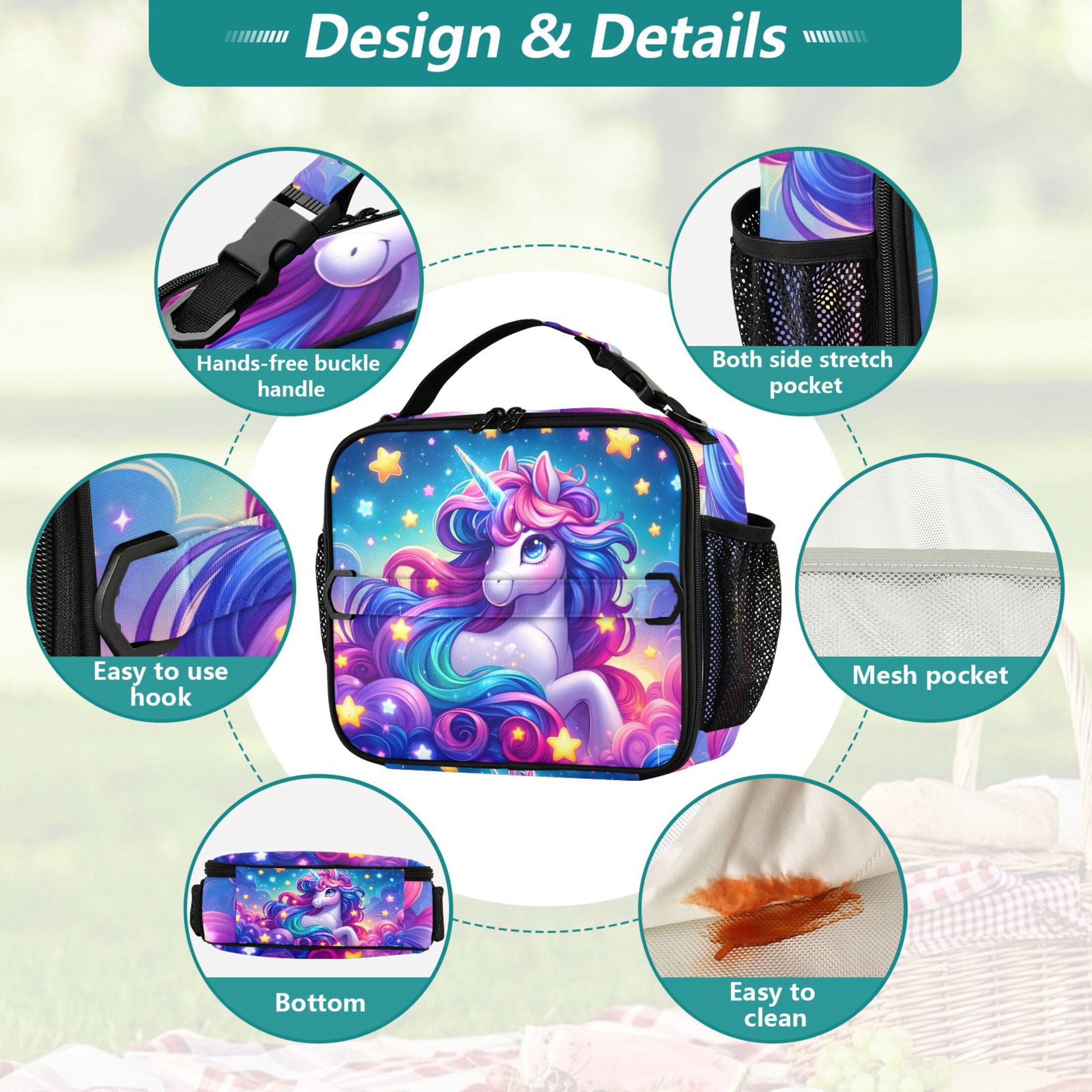 ALAZA Cartoon Unicorn Rainbow Stars Lunch Box Insulated Lunch Bag Cooler Tote with Shoulder Strap