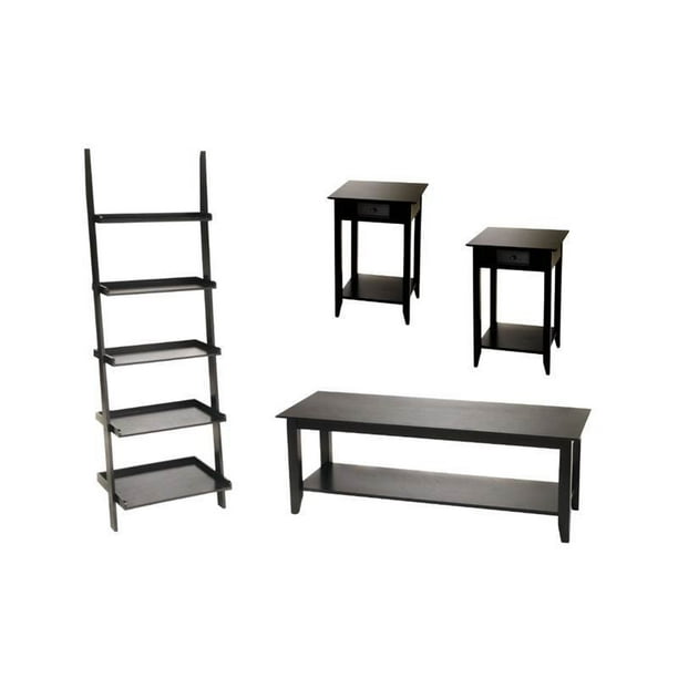 4 Piece Living Room Set With Ladder Bookshelf Coffee Table And Of 2 End In Black Com Ladder Bookshelf Coffee Table, Round Bookshelf Side Table