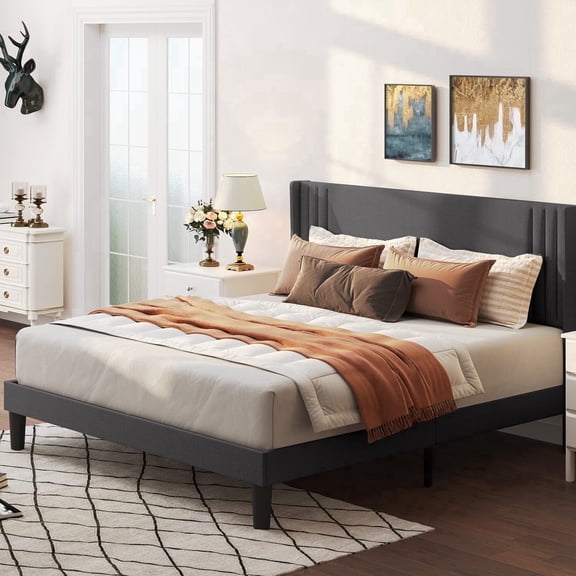 Lofka Queen Bed Frame with Wingback Headboard, Upholstered Platform Bed with Modern Geometric Headboard, Wooden Slats, Noise-Free/No Box Spring Needed/Easy Assembly,Dark Grey