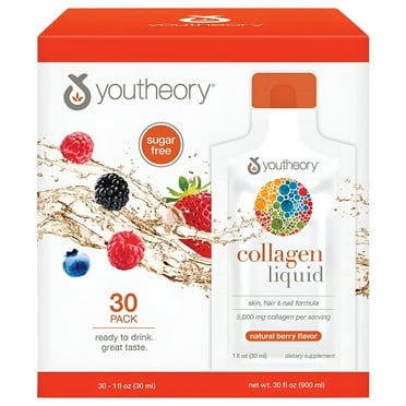Youtheory Collagen Liquid, Revitalizes Skin, Hair and Nails, Berry Flavor, 30 Packets
