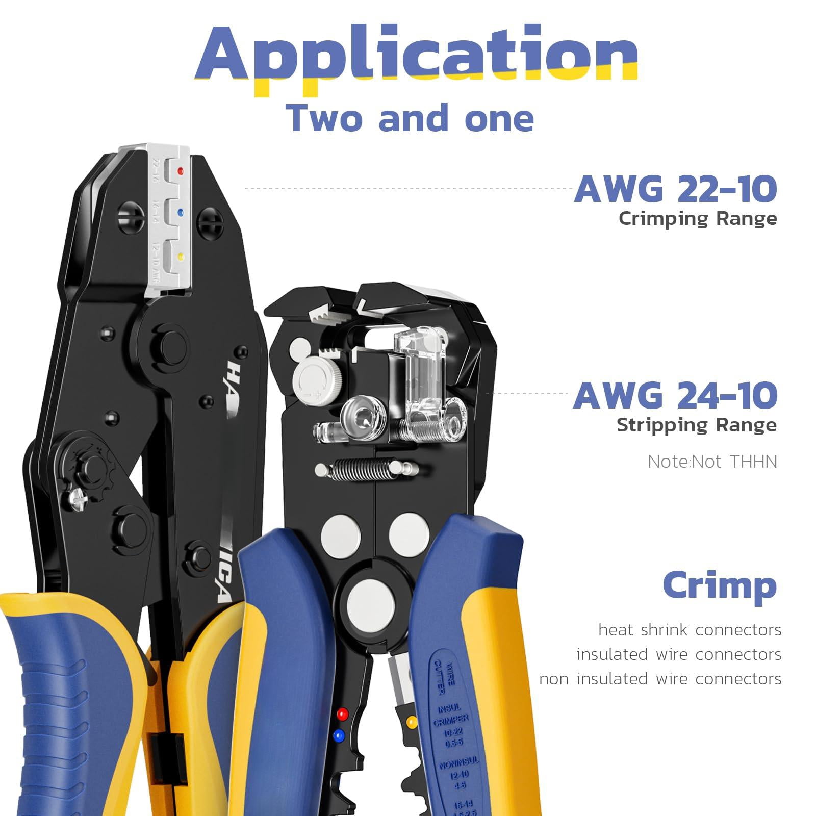 Wire Stripper And Crimping Tool Awg 24-10 Automatic With 22-10 Ratchet Crimper For Heat Shrink Connectors
