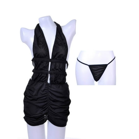 Black Negligee - Anna-Kaci S/M Fit Black Ruched Front Halter Hook Front Strappy Back Negligee