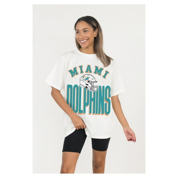 Women's Gameday Couture  White Miami Dolphins Oversized Classic Fierce Focus T-Shirt