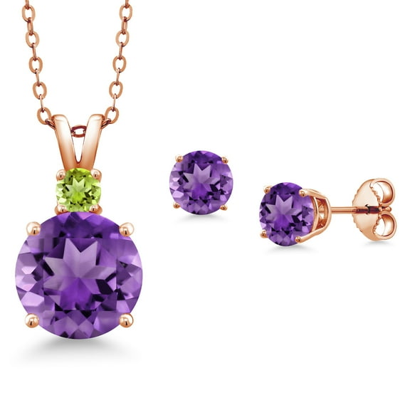 Gem Stone King 18K Rose Gold Plated Silver Round Purple Amethyst and Green Peridot Pendant and Earrings Jewelry Set for Women (4.51 Cttw, Gemstone Birthstone, with 18 inch Chain)