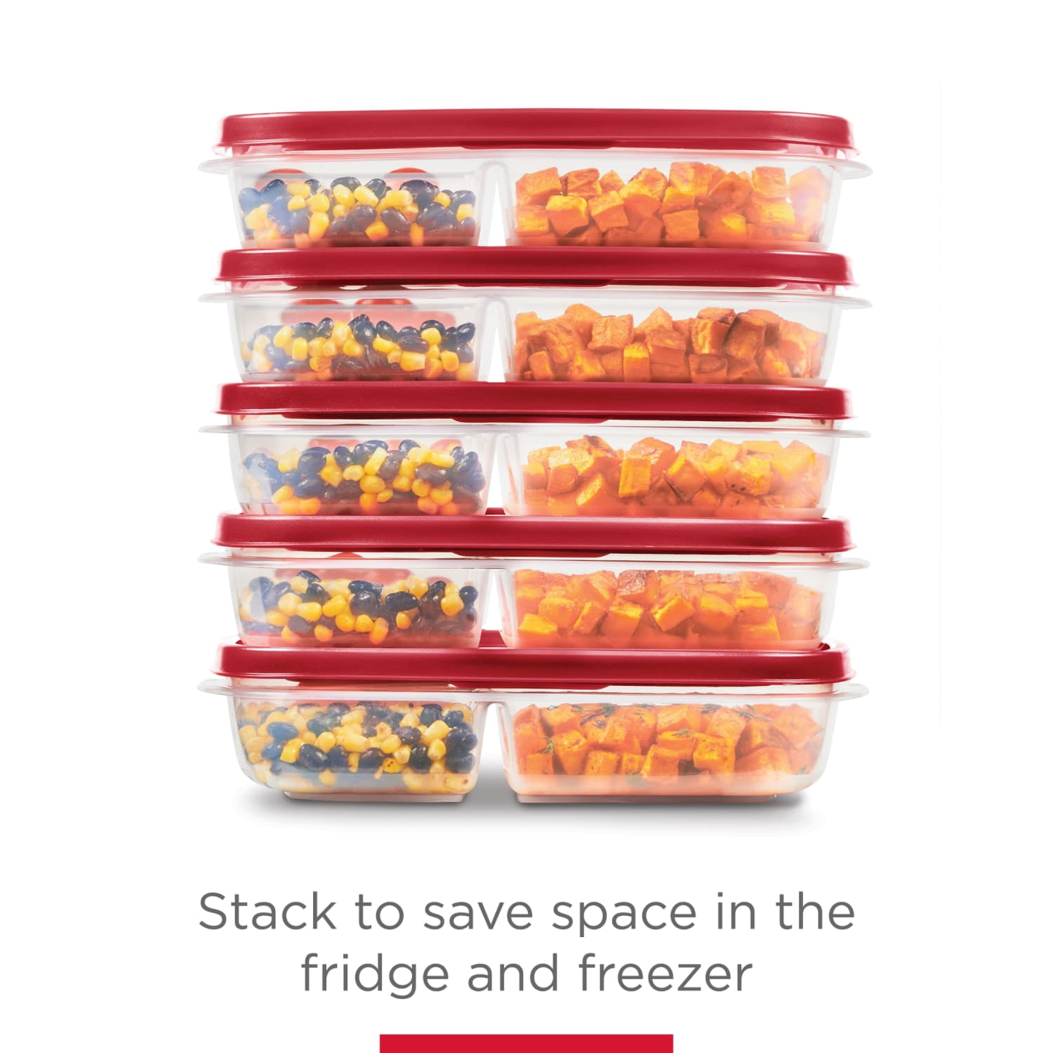 Rubbermaid Easy Find Lids 5 Pack Meal Prep Containers with 3 Compartments, Red, 5.1 Cups