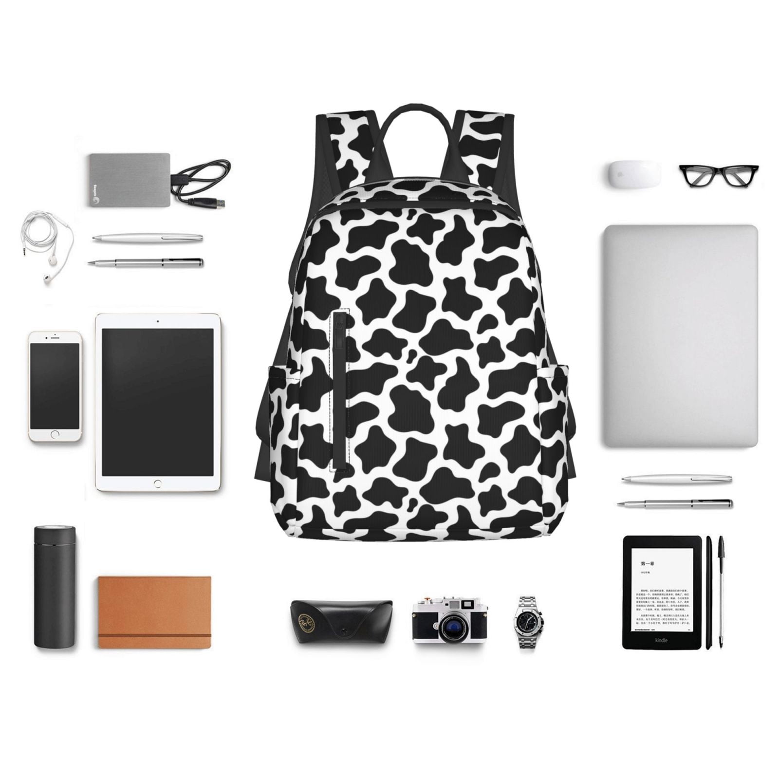 Defioc Cow Print Black White Pattern Travel Laptop Backpack,Lightweight Backpack Travel Hiking Daypack Backpack Work Bag for Men Women