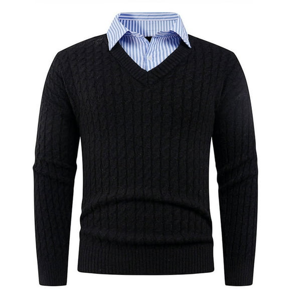 Wrtxtat Cable Knit Sweater for Men Autumn Fashion Stretchable Tops Midweight V-Neck Slim Fit Sweater Solid Color Long Sleeve Pullover Black XL