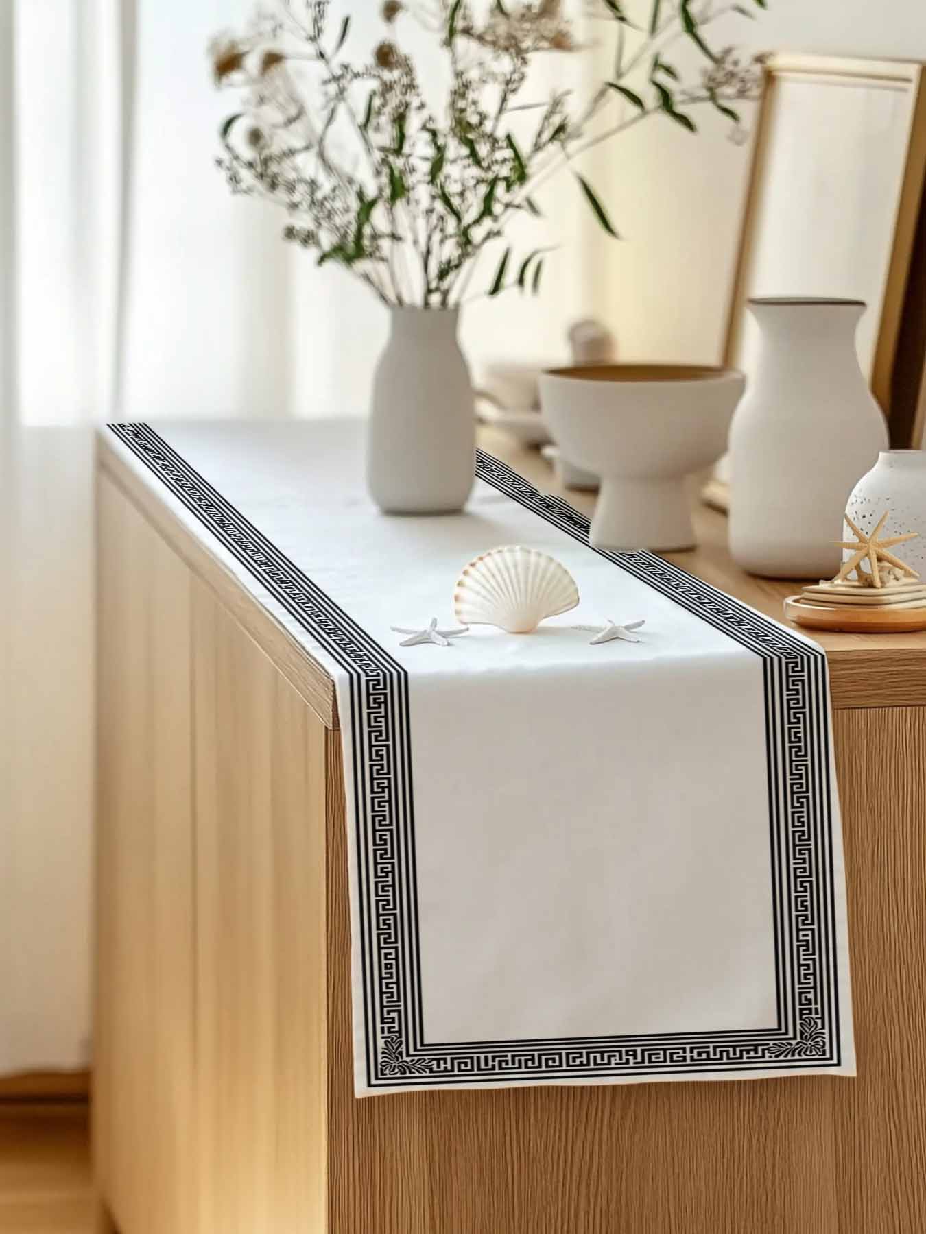 Table Runner 90 Inches Long for Kitchen Dining, White Geometric Dresser Scarf Farmhouse, Dining Table Decorations for Wedding/Parties, Black Greek Key Design Abstract Modern Art 13 x 90 In