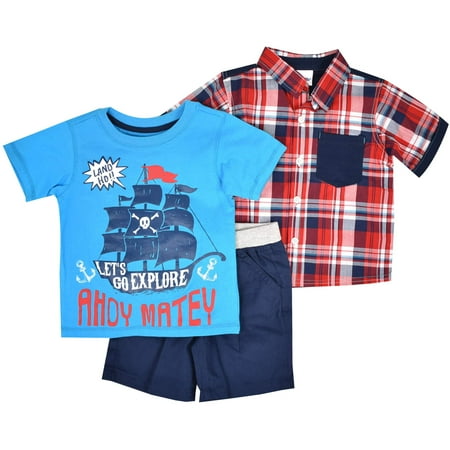 Bra Boy Short Set - Baby Toddler Boy Short Sleeve Sleeve Back-Graphic Plaid Woven Shirt, T-shirt & Shorts, 3pc Outfit Set