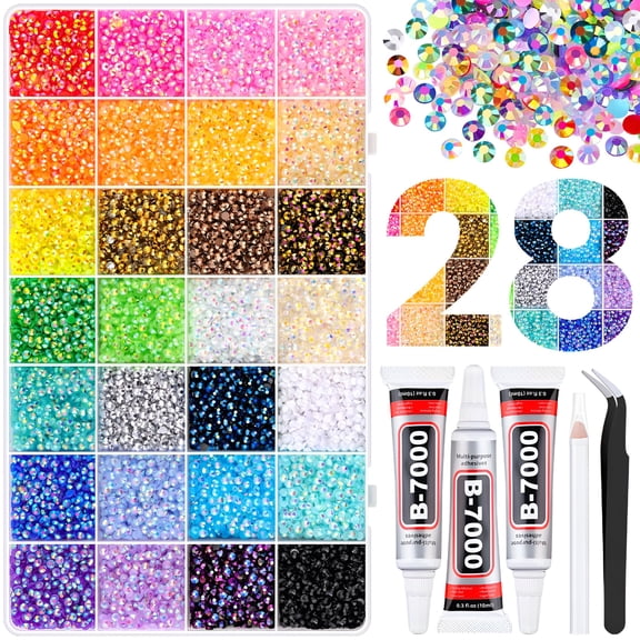 DESIGNICE 34000Pcs Resin Rhinestones with 3Pcs Jewelry Glue for Crafting, Multicolors 3mm Non Hotfix Flatback Gems, Bedazzling Crystal for DIY Crafts Clothing Tumblers Mugs Shoes Fabric Decor