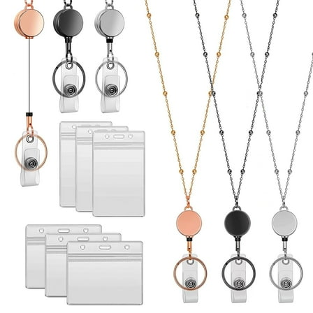 3 Pcs Retractable Badge Reel Lanyard with ID Holder, Beaded Badge Lanyard Necklace with Transparent Card Holder and Keychain, Stainless Steel Necklace for Teacher Students Nurses